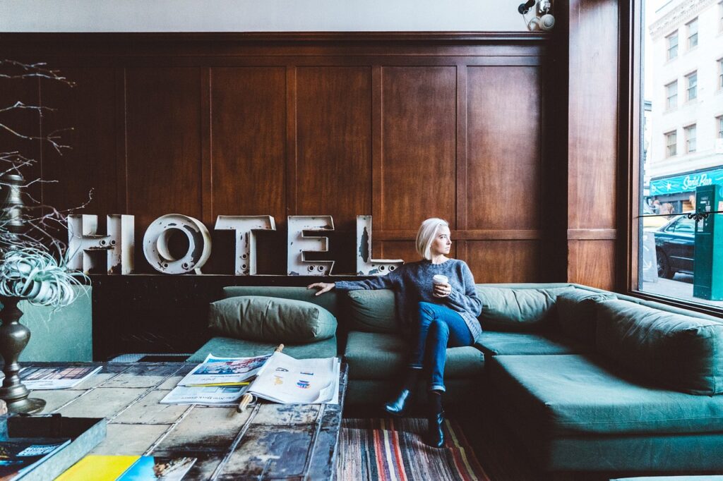 digital nomad in a hotel lobby