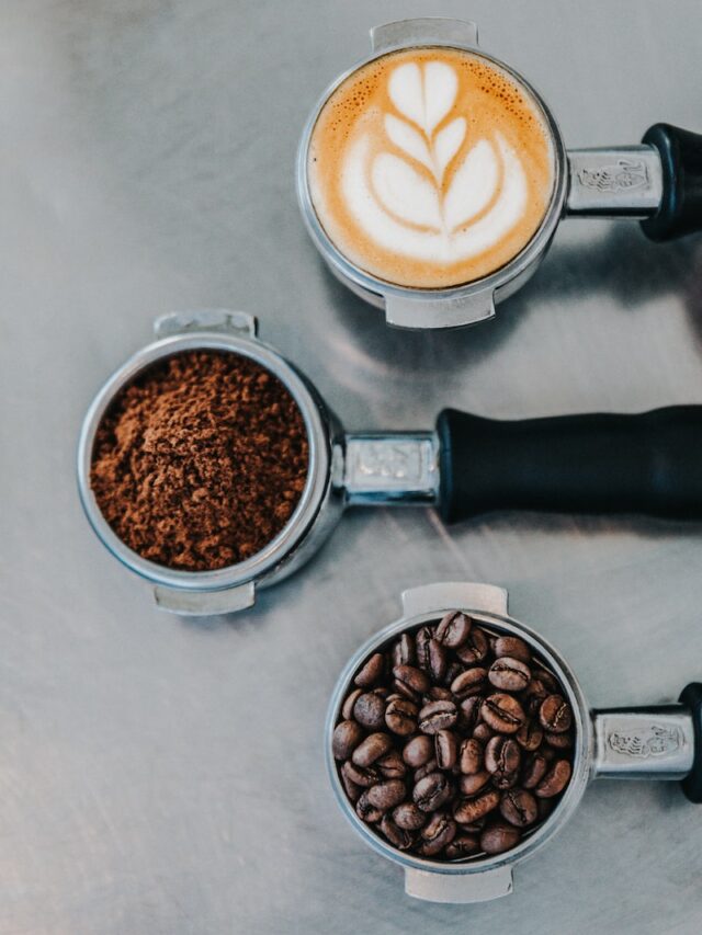 flat lay photography of coffee latte, ground coffee, and coffee beans
