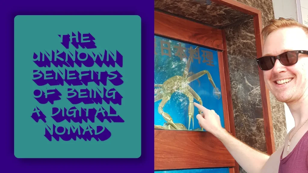 Digital Nomad touching a crab