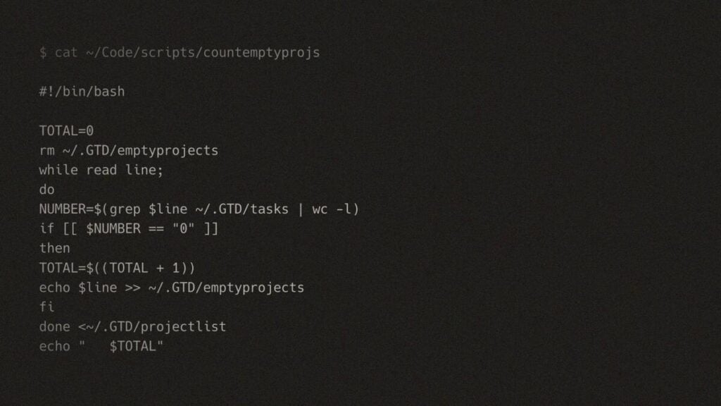 A fourteen-line shell script that counts stalled projects, open in a terminal