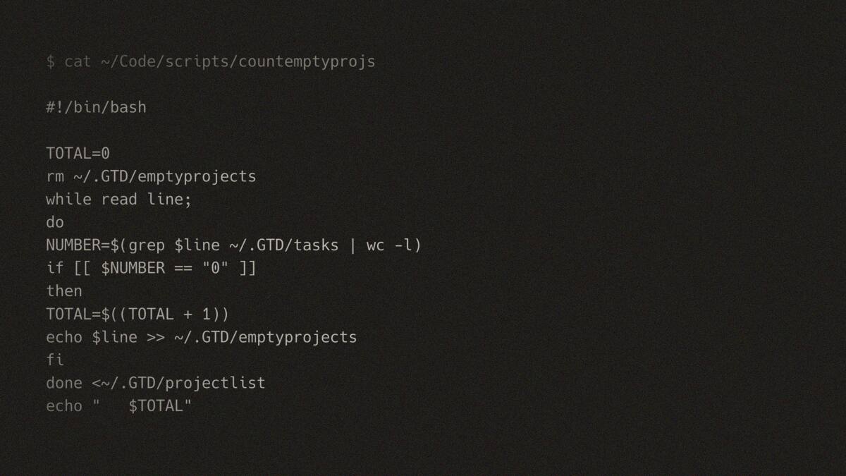 A fourteen-line shell script that counts stalled projects, open in a terminal