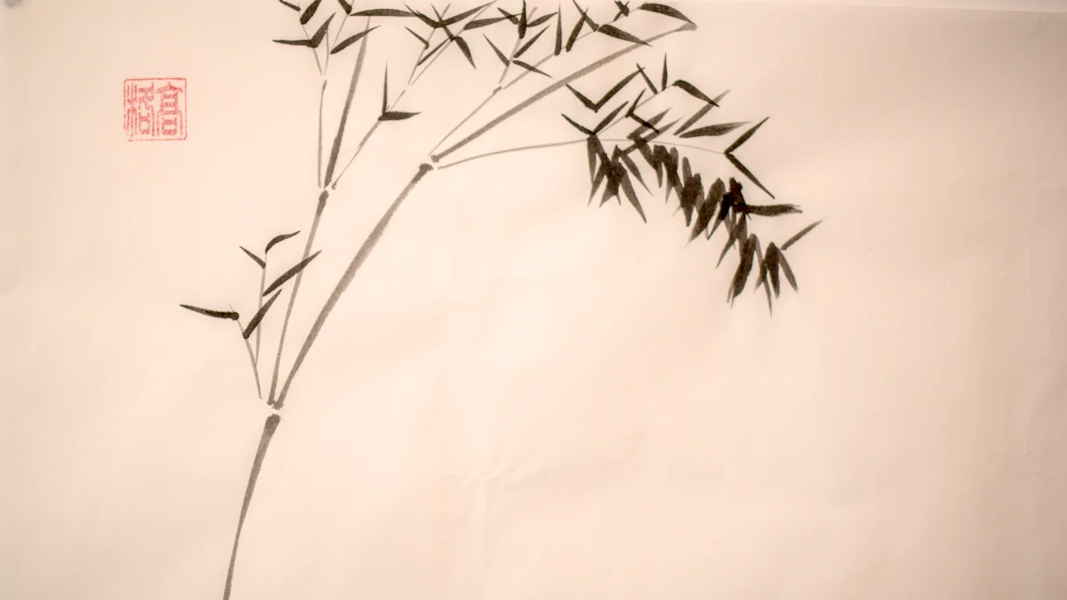 A stem of bamboo painted in ink with a red seal, most of the paper left white